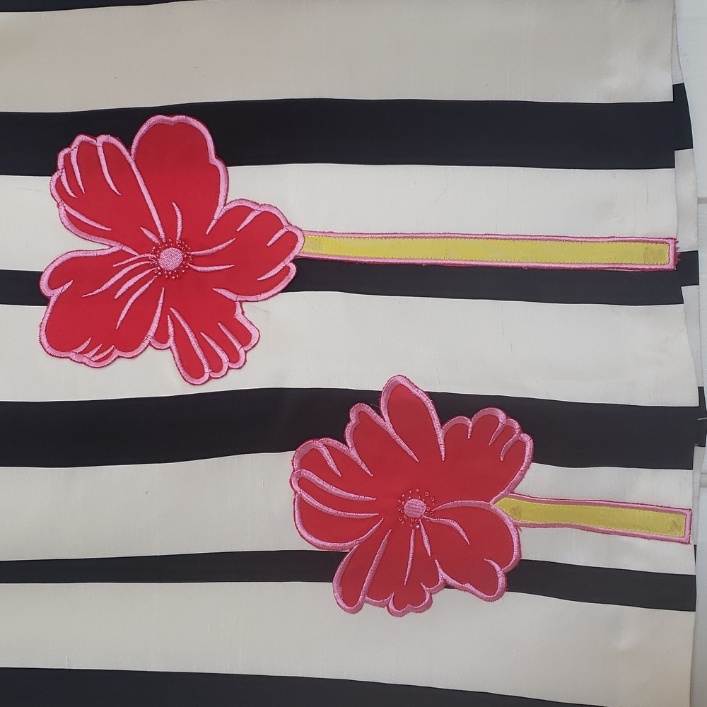 Vintage Upcycled Silk Pencil Skirt Striped Floral Appliqué Black Red | Size 12 - Picture 5 of 10